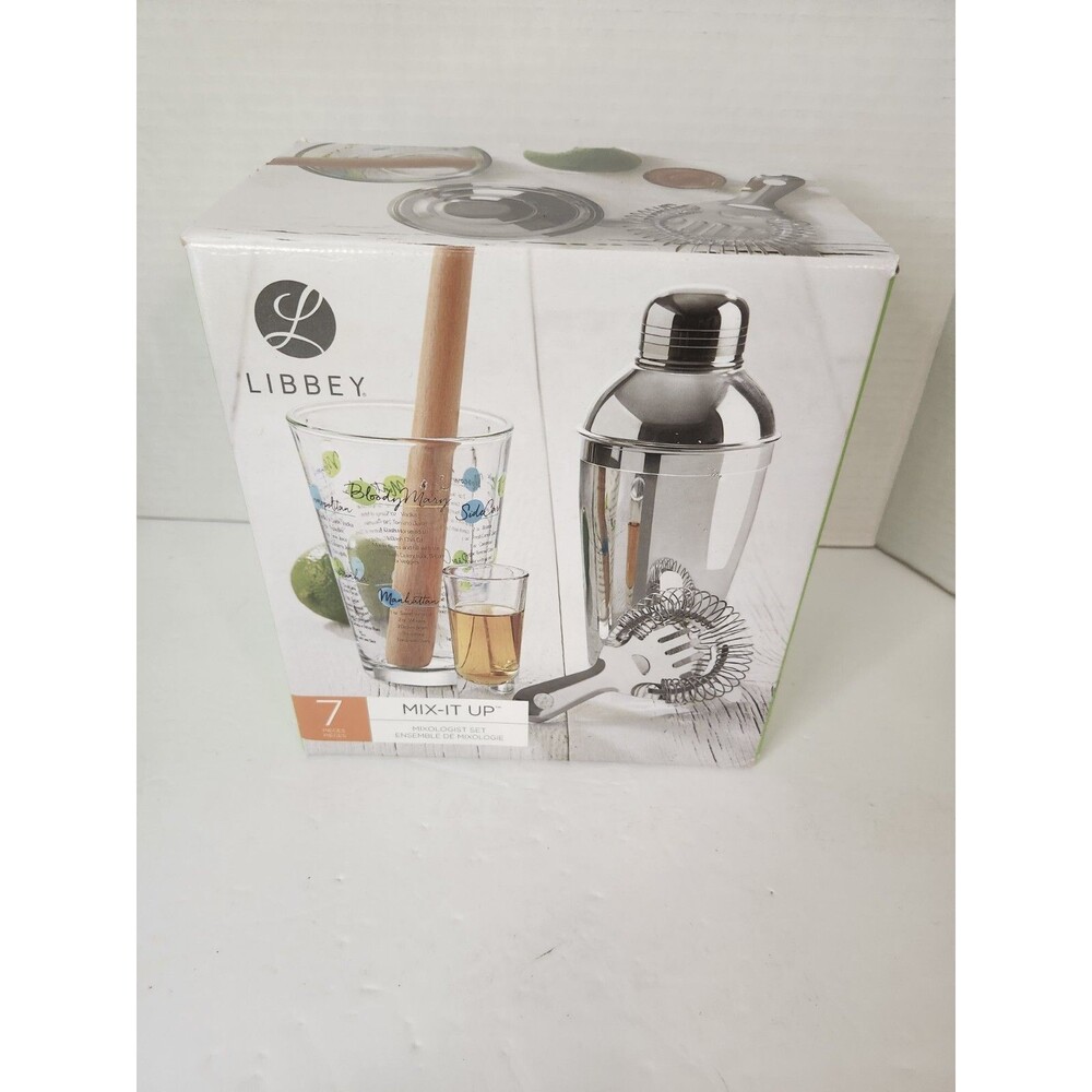 Libbey Mix-It Up 7-Piece Cocktail Barware Set 16 oz Shaker & Glass Kitchen NEW